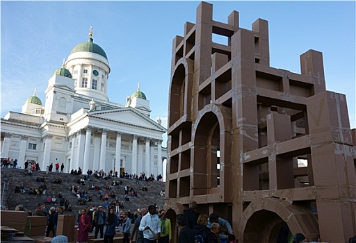 一堆,建筑,纸板,摩天大楼,夜晚,艺术,节日,赫尔辛基,芬兰