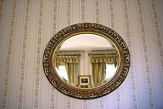 老式,金色,镜子,壁纸,室内,墙壁,模糊,反射,相似,帘