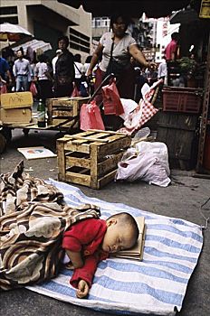 香港,九龙,男孩,睡觉,人行道,街边市场