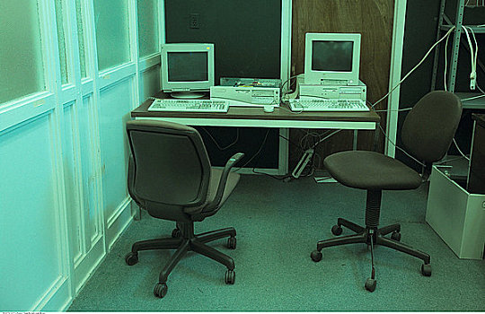 两个,电脑,桌上,椅子,办公室