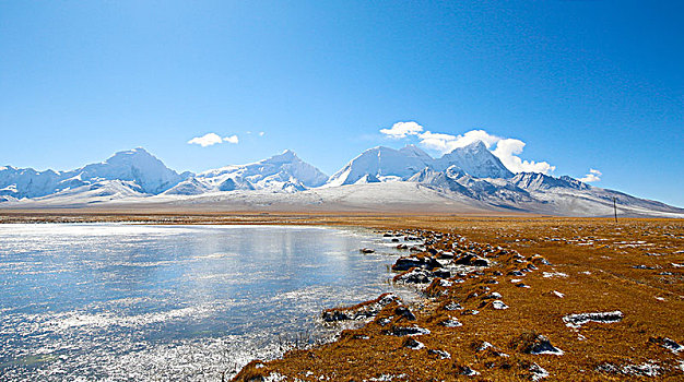 雪山下结冰的湖面