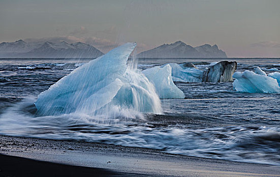 冰山,波浪,靠近,冰河河道,泻湖,东方,冰岛