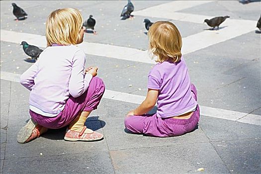 后视图,两个女孩,看,鸽子,威尼斯,威尼托,意大利