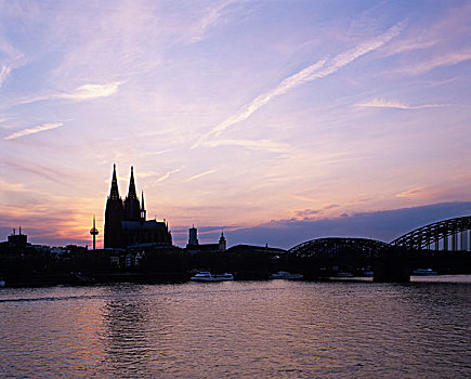 科隆大教堂,剪影,桥,黄昏,科隆,北莱茵-威斯特伐利亚,德国,欧洲