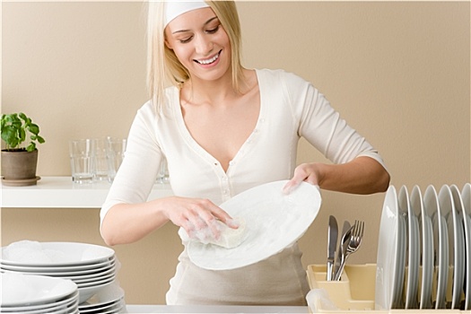 现代,厨房,高兴,女人,洗碗