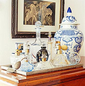 香水,瓶子,托盘,靠近,中国,花瓶,盖子,蓝色,描绘