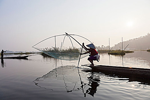 渔民,传统,渔船,网,湖