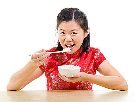 亚洲女性,吃,米饭