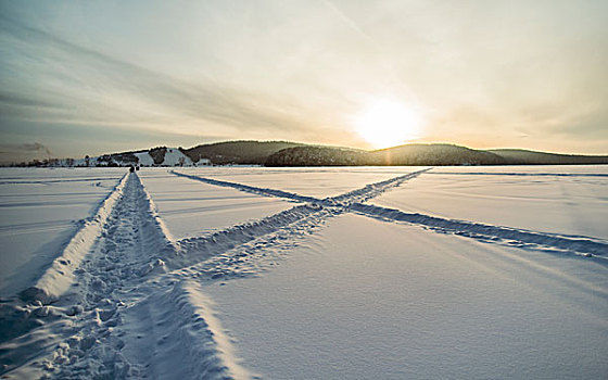 积雪,风景,日落,俄罗斯