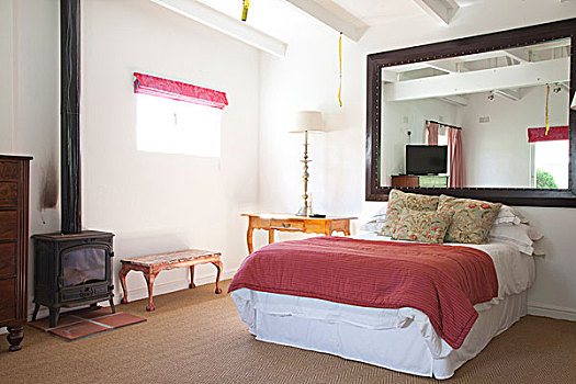 卧室,玫瑰,粉色,床上用品,地毯,木头,燃烧,壁炉,南非,家