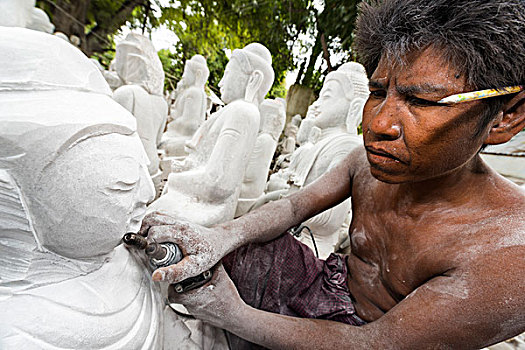 石匠,男人,工作,佛像,曼德勒,曼德勒省,缅甸,亚洲