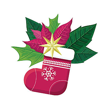 圣诞节,概念,矢量,设计,圣诞袜,插画,温暖,红色,袜子,雪花,星,绿叶,新年,庆贺,白色背景,风格