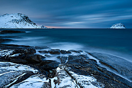 蓝色,钟点,海滩,石头,海岸,罗弗敦群岛,挪威,欧洲
