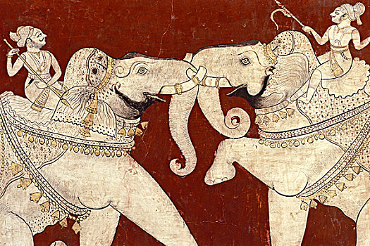 争斗,大象,壁画,自然,彩色,宫殿,邦迪,拉贾斯坦邦,印度,亚洲