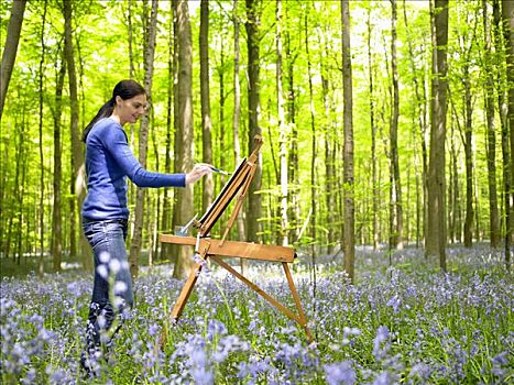 女人,绘画,树林