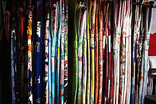 排,彩色,布,悬挂,向上,传统,和服,长袍,宽,袖子,传统风格