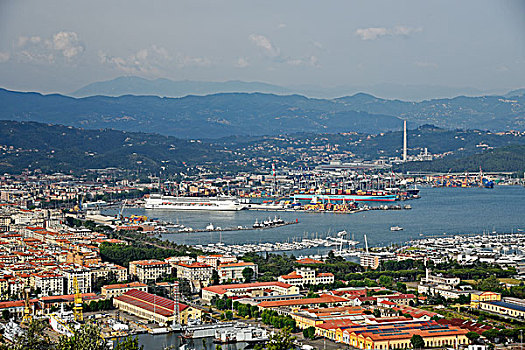 风景,港口,游船,集装箱船,拉斯佩齐亚,利古里亚,意大利,欧洲