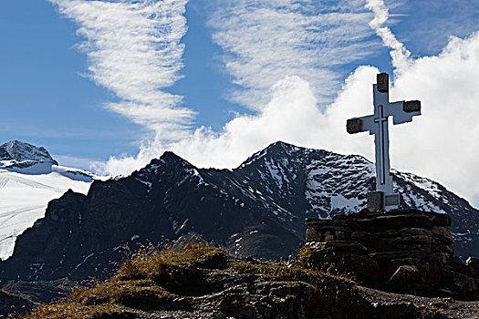 大,十字架,山峰,积雪,山,背景,云,蓝天,悉特图克斯,奥地利