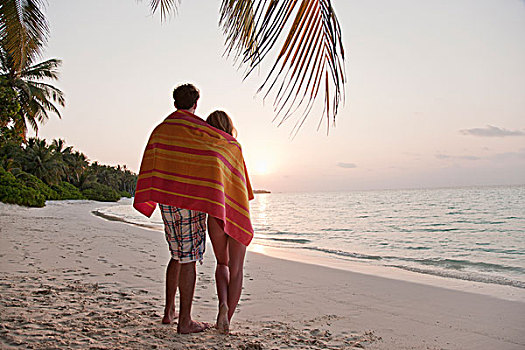 伴侣,分享,毛巾,热带沙滩