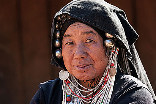 女人,阿卡族,部落,特色,头饰,头像,乡村,靠近,钳,掸邦,金三角,缅甸,亚洲