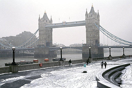 英格兰,伦敦,塔桥,风景,银行,泰晤士河,下雪