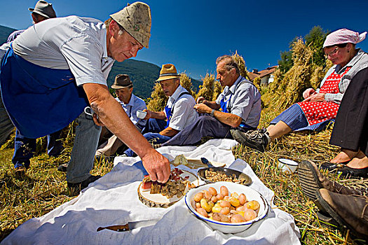 人,享受,午后小吃,阿尔卑斯草甸,意大利,欧洲