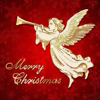 金色,圣诞节,天使,喇叭,矢量,贺卡,旧式,风格,圣诞快乐,文字