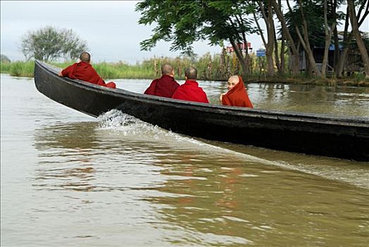 四个,僧侣,船,茵莱湖,缅甸,东南亚