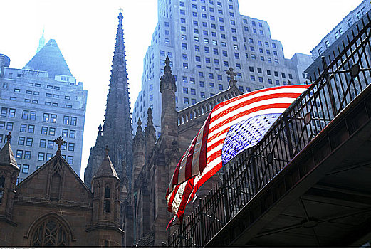 美国国旗,飞,圣三一教堂,人行道,纽约,美国