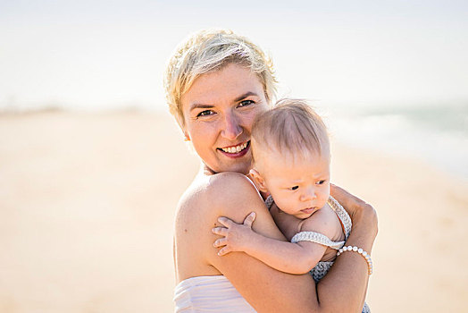 魅力,金发,母亲,4个月,老,男婴,海滩,葡萄牙,欧洲