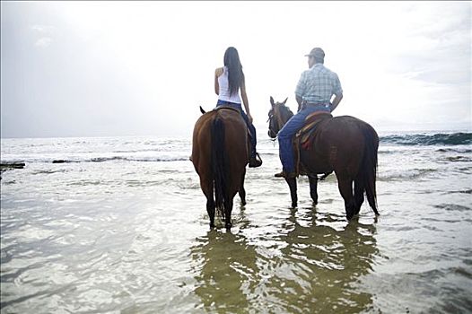 夏威夷,考艾岛,海滩,美女,父亲,骑马