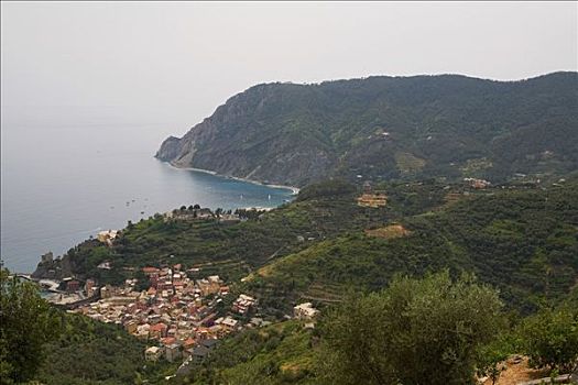 俯拍,城镇,海边,利古里亚海,意大利,里维埃拉,五渔村,拉斯佩齐亚,利古里亚