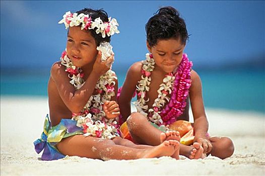 孩子,夏威夷,双胞胎,男孩,海滩,花,花环,壳