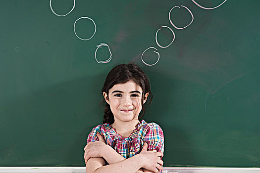 女孩,正面,黑板,思考,泡泡,教室