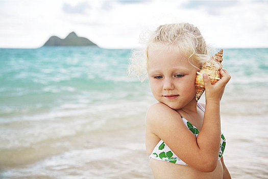 夏威夷,瓦胡岛,女孩,听,壳