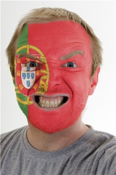脸,疯狂,愤怒,男人,涂绘,彩色,葡萄牙,旗帜