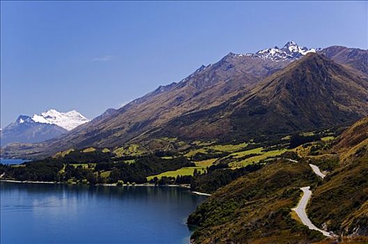 新西兰,南岛,弯曲,山路,边缘,瓦卡蒂普湖,靠近,皇后镇