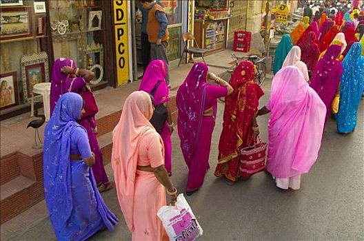 女人,纱丽服,走,婚礼,队列,乌代浦尔,拉贾斯坦邦,印度