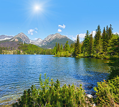 春天,風景,高山湖,陽光,藍色