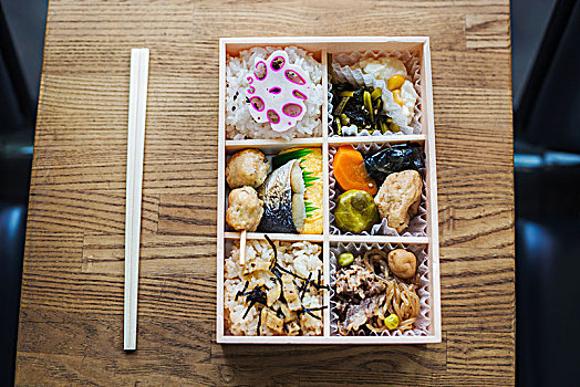 俯拍,特写,便当,盒子,传统,日本料理,筷子,木桌子