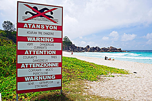 标识,警告,几个,语言文字,危险,游泳,禁止,海滩,拉迪格岛,塞舌尔,非洲