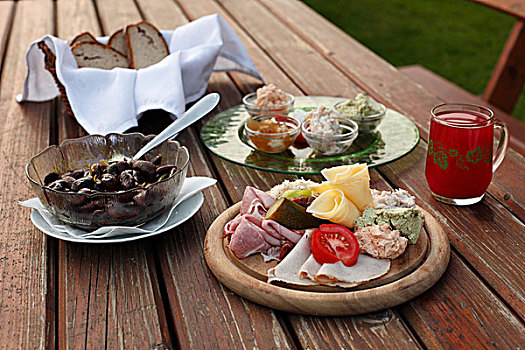 盘子,冷盘,红花菜豆,玻璃杯,葡萄酒,酒馆,施蒂里亚,奥地利,欧洲