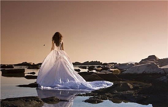 新娘,看,海洋