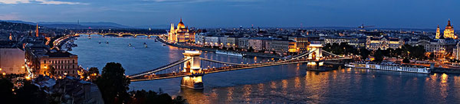 全景,议会,链索桥,夜晚,匈牙利,布达佩斯