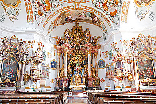 室内,圣坛,朝圣教堂,巴伐利亚,德国,欧洲