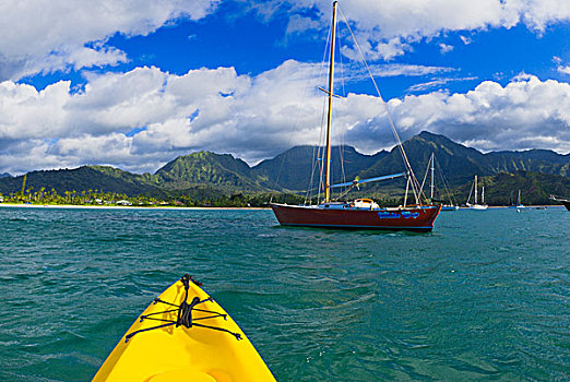 皮筏艇,帆船,湾,北岸,岛屿,考艾岛,夏威夷