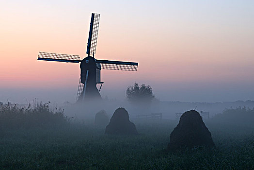 历史,风车,早晨,雾气,黎明,世界遗产,小孩堤防风车村,省,荷兰南部,荷兰