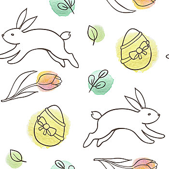 涂写,复活节,无缝,图案,兔子,蛋,郁金香,白色背景