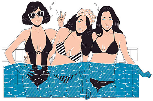 插画,图像,三个女人,年轻,享受,夏天,假期,游泳池