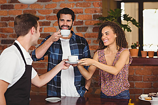 微笑,顾客,咖啡杯,咖啡馆